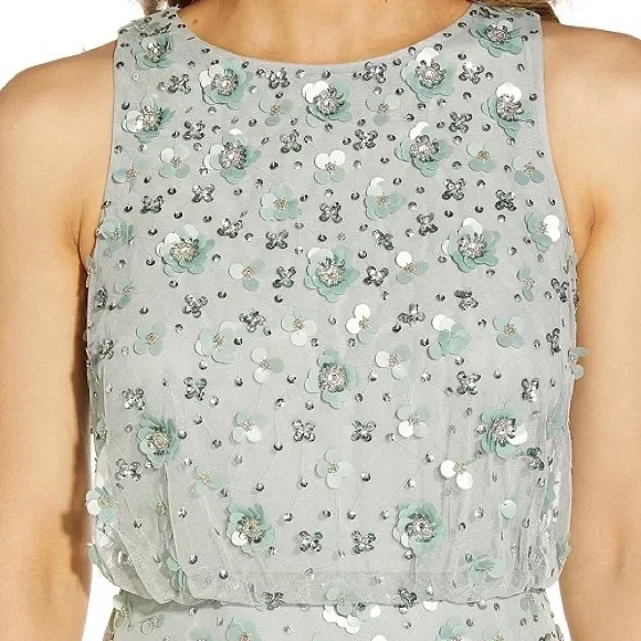 Adrianna Papell Beaded Sequined Halter Blouson Gown in Frosted Sage - Picture 3 of 10